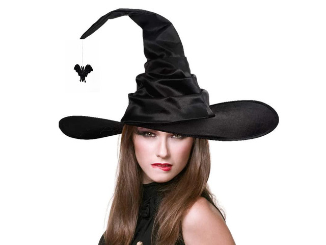 SIQITECHNO Halloween Witch Hat With Spider Bat Black ruched Wizard Cap for Halloween Party Decoration Witch Cosplay Costume Accessory