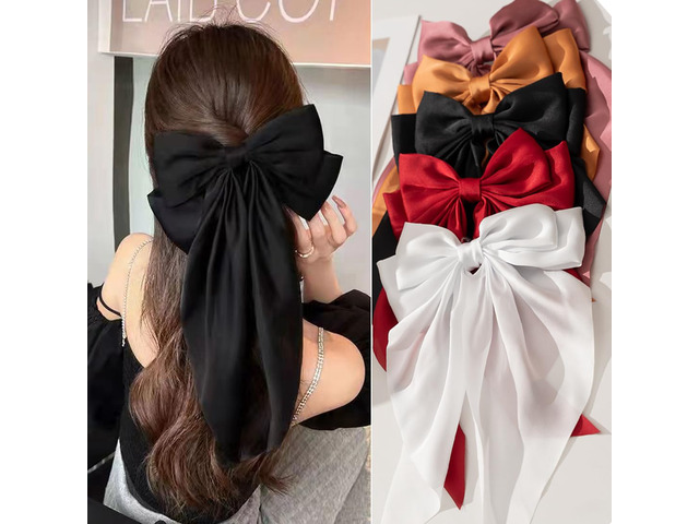Black Satin Hair Bows and Clips Set for Women & Girls - 5 PCS Bow-knot Hair Clip, Big Bows Claw Clips, Non-Slip Clip for Thick and Thin Hair