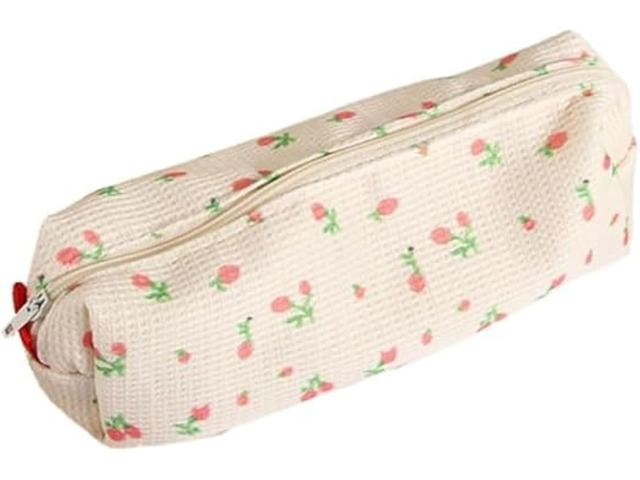 Pink Strawberries Women Fresh Style Pencil Bag Flower Floral Canvas Large Pen Pencil Pouch Bag Pencil Case Pen Holder Coin Pouch, Simple Cosmetic...