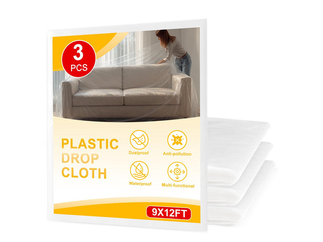 3pcs 9X12FT Plastic Drop Cloths,Waterproof Anti-dust Cover, Disposable Tarp for Painting for Couch/Furniture Cover
