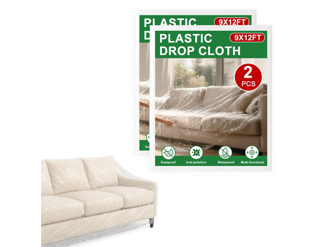 2-Pack 9x12 ft Painter Plastic Drop Cloths Sheet,Waterproof Anti-dust Cover, Disposable Tarp for Painting for Couch/Furniture Cover