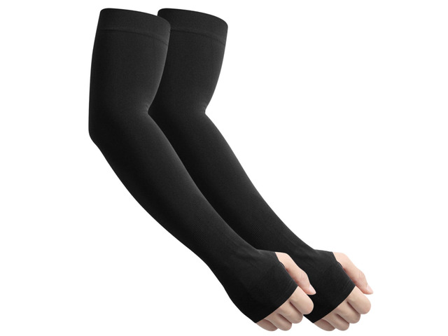 SUXEOTS Cooling Arm Sleeves with Thumb Hole for Men Women, Sun Protection Compression Sports Sleeves for Football Gardening (1 Pair, Black)