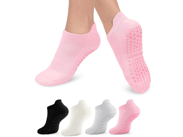 GAOYUESOX Pilates Socks with Grips for Women Non Slip Grip Socks for Barre, Ballet, Barefoot, Anti Skid Ankle Yoga Socks (4, black/white/gray/pink/)