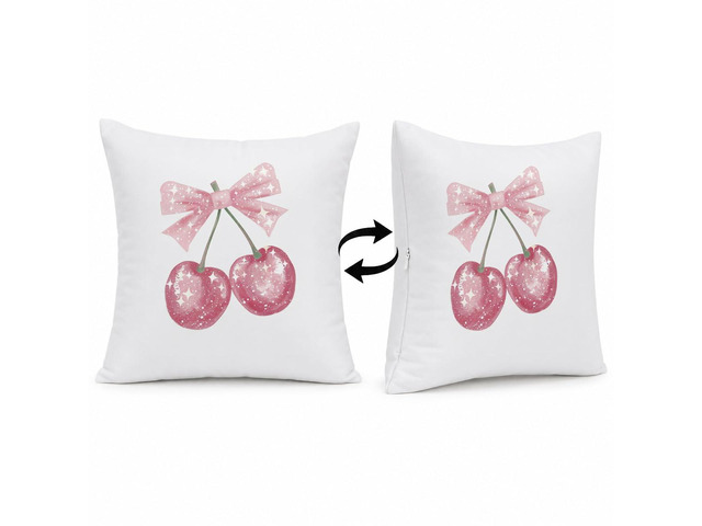 Rusenbao Coquette Pink Bow Cherry Decor Throw Pillows Covers 18 x 18 inch Coquette Preppy Room Decor, Cute Cherry Bed Decorative Pillows Cover,...