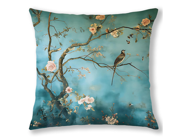 Blue Green Chinoiserie Floral Bird Pillow Cover 18x18 Double-Sided, Vintage Traditional Elegant Oriental Flower Bird Throw Pillow Cover Pillowcases...