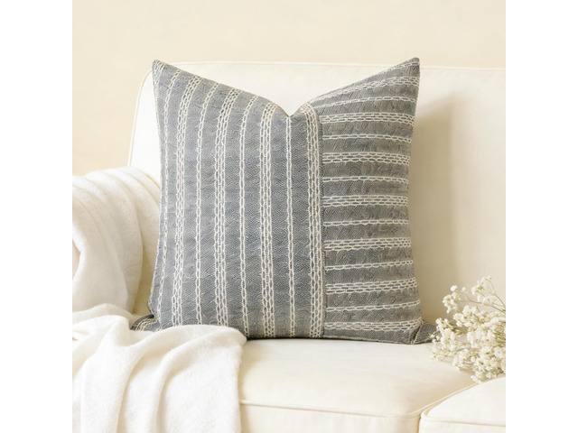 Square Throw Pillow Cover Stripe 18 x 18 Inches Black Beige Decorative Textured Woven Patchwork Accent Cushion with Hidden Zipper for Living Room...