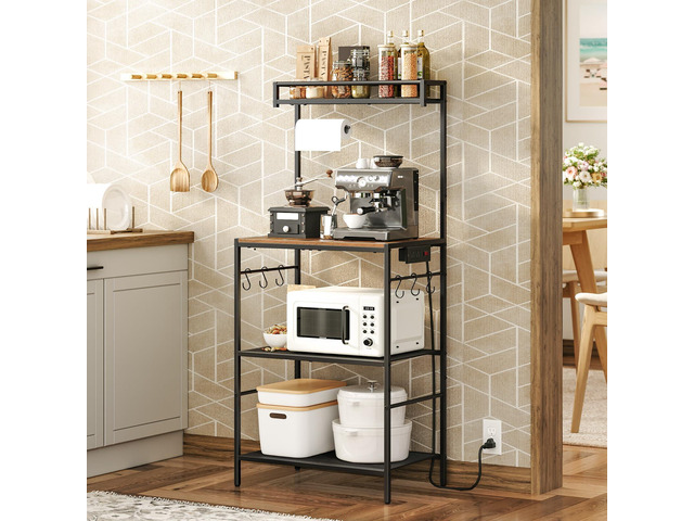 Bakers Rack with Storage, Microwave Stand with Paper Holder, Bakers Rack with Power Outlet, Coffee Bar Station with 6 Hooks, for Kitchen, Dining...