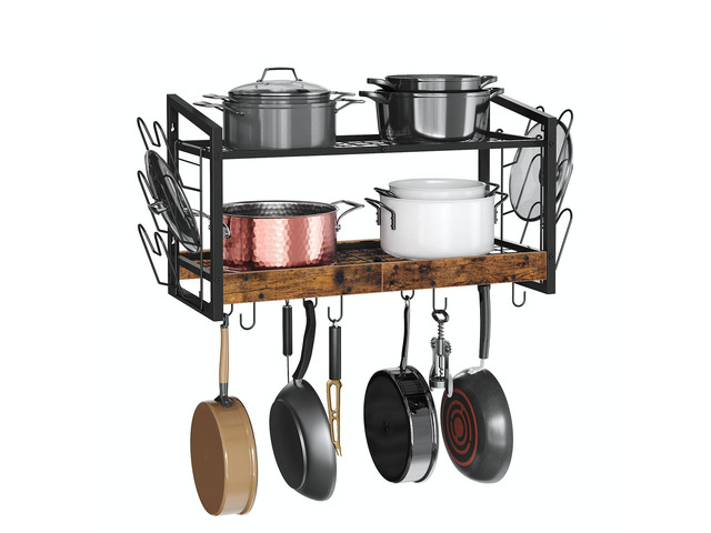 Hanging Pot Rack, Pot Rack Wall Mounted, 2-Tier Kitchen Pot and Lid Organizer, Wall-Mounted Pot Rack with 12 Hooks, for Kitchen Storage of Pots,...