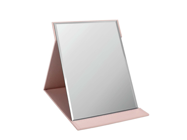 12x9 Inches Portable Folding Makeup Mirror, Frameless PU Leather Desk Mirror with Stand for Camping Travel Tabletop Personal, Pink