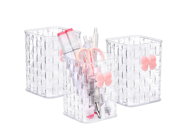 3 Pack Clear Pencil Holder with Pink Bow, Pen Cup for Desk Organizer Plastic Pen Holder, Pencil Cup for Desktop, Makeup Brush Holder, Storage...