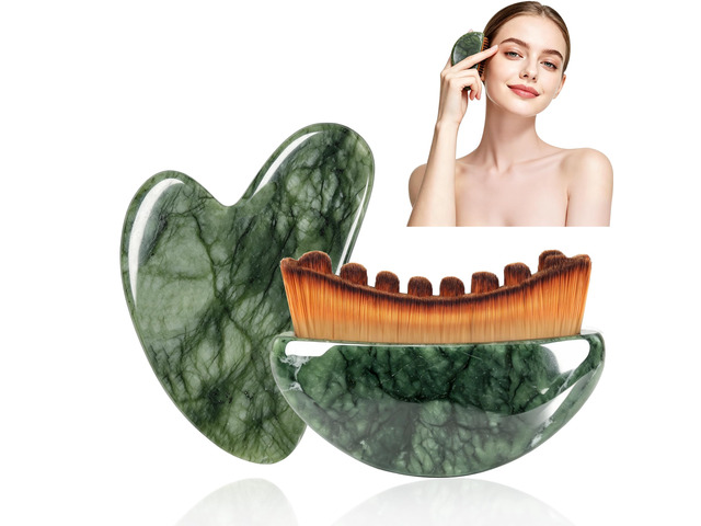 Lymphatic Contour Brushes & Jade Gua Sha Set, 2 in 1 Jade Contour Brushes, Gua Sha Facial Tools, Contour Face Brush for Lymphatic Drainage, Face...