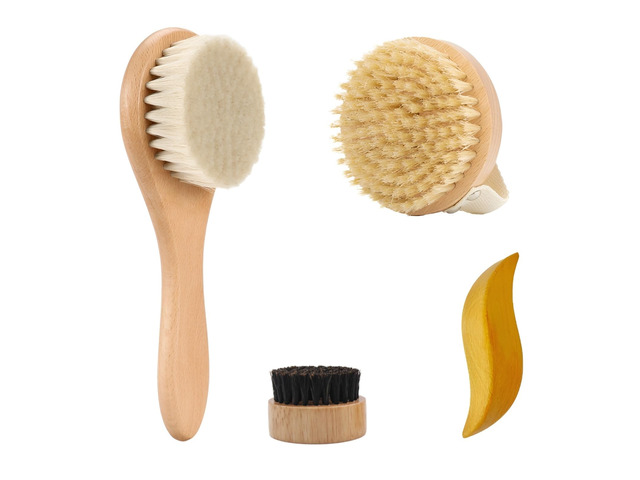Dry Brushing Set - Natural Boar Bristle Body & Face Brush +Dry Skin Exfoliating Scrubber +Wood Therapy Massage Tool for Gua Sha Anti-Cellulite (4...