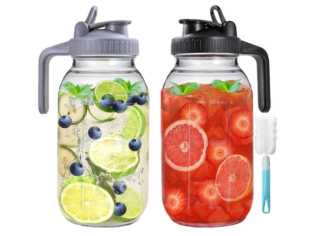 2 Pack 64 oz Glass Pitcher With Lid, Mason Jar Pitcher, 2 Quart Breast Milk Pitcher Jug with Flip Cap Leak Proof, Glass Sun Tea Jar for Ice Tea,...