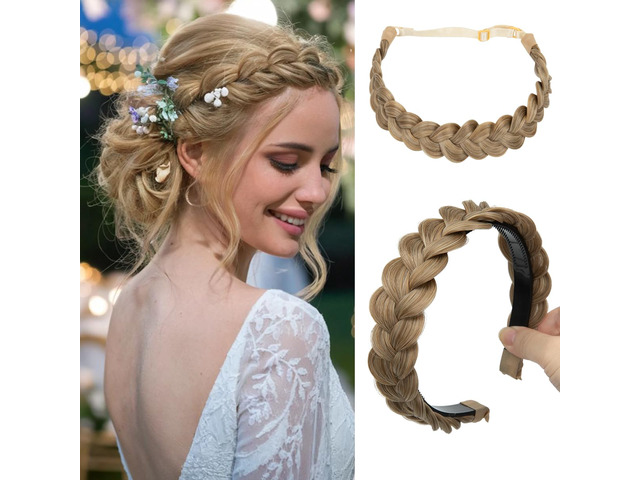 2PCs Braided Headbands Hair Piece for Women Synthetic Hair Hoops Head Bands Handmade Braid Hairband Accessories Elastic Stretch Headwrap Sand