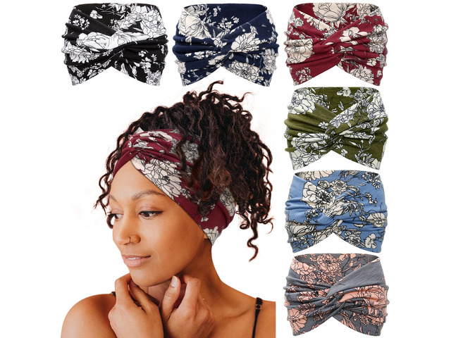 Wide Headbands for Women, 7'' Floral Printed Turban Headband Boho Hairband Twist Hair Accessories, 6 pack