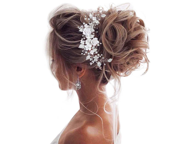 Flower Bride Wedding Hair Vine Pearl Bridal Hair Piece Leaf Hair Accessories Rhinestone Headband for Women (9inches) (Silver)