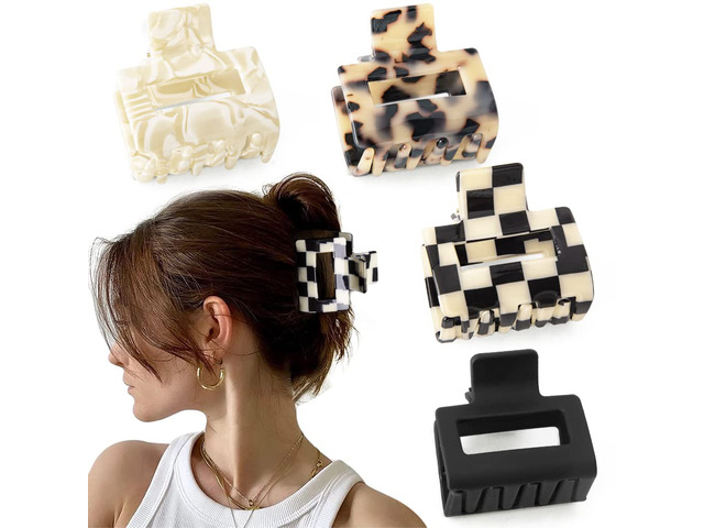 Checkered Tortoise Hair Clips for Women - 4Pcs 2' Small Acetate Claw Barrettes for Thick & Thin Hair