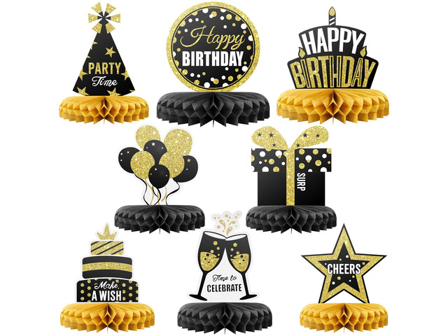 Happy Birthday Table Decoration Centerpieces - 8 Pieces, Black & Gold - Double-Sided Happy Birthday Centerpieces for Tables - Party Supplies for...