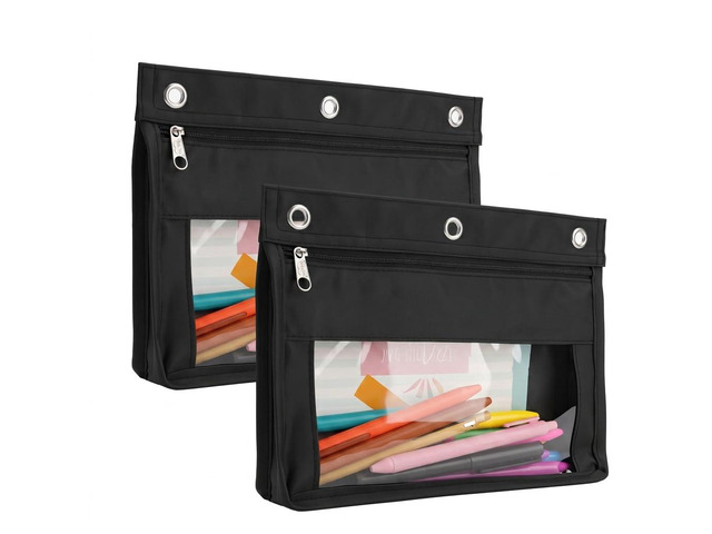 Expandable Zipper Pencil Pouch for 3 Ring Binder, 2 Pack, Black 1' Expansion, Large Capacity, Waterproof Binder Pouch with Dual Zippers & Clear...