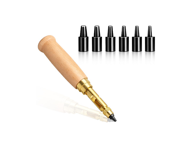 Adjustable Leather Hole Punching Tool, 6 Sizes (1.5-4mm), Japanese Style Automatic Puncher with Wooden Handle, Hollow Hole Punch for Leather Belt,...