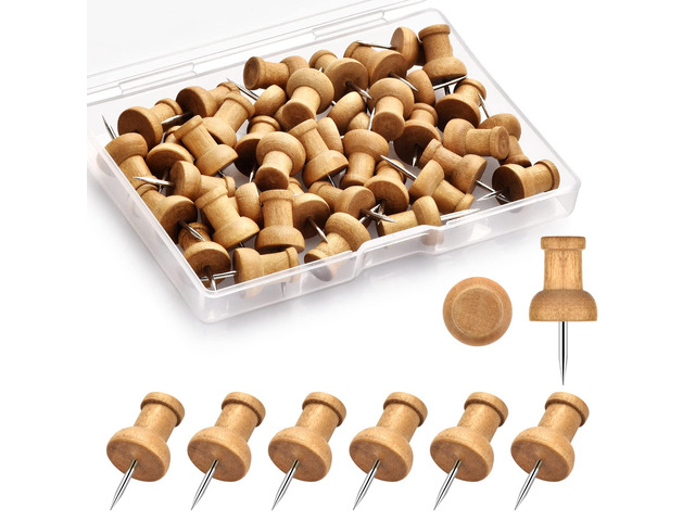 40Pcs Wood Push Pins, Decorative Thumb Tacks, Wooden Pins and Tacks, Cork Board Thumbtacks, Cute Thumbtack for Wall and Bulletin Board, Map Pins