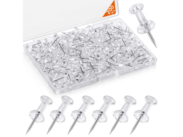 200 Pcs Push Pins Tacks, Thumb Tacks for Wall, Clear Plastic Head, Steel Point, Decorative Push Pins, Standard Thumb Tacks for Bulletin Board,...