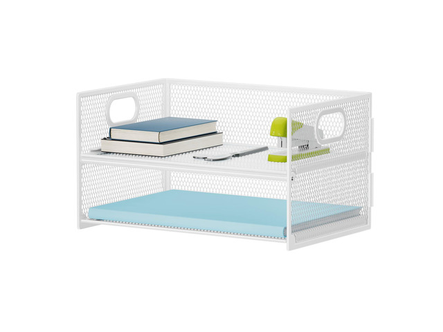 2 Tier Paper Organizer Letter Tray, Mesh File Organizer with Handle, Paper Sorter Desk Organizer for Home Office Supplies - White