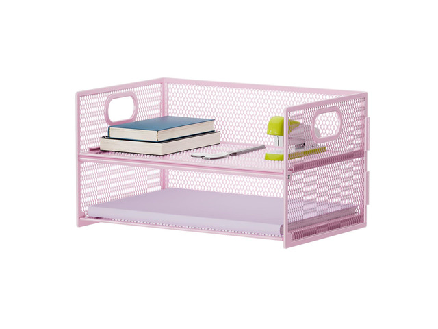 2 Tier Paper Organizer Letter Tray, Mesh File Organizer with Handle, Paper Sorter Desk Organizer for Home Office Supplies - Pink