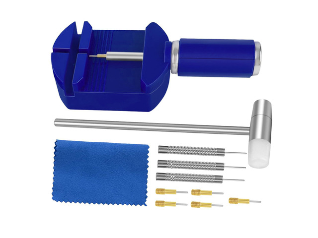 Blue Watch Tool Kit - Watch Band Link Removal Tool with Punch Set, Hammer, and Pins for DIY Watch Band Pins Replacement and Basic Repair