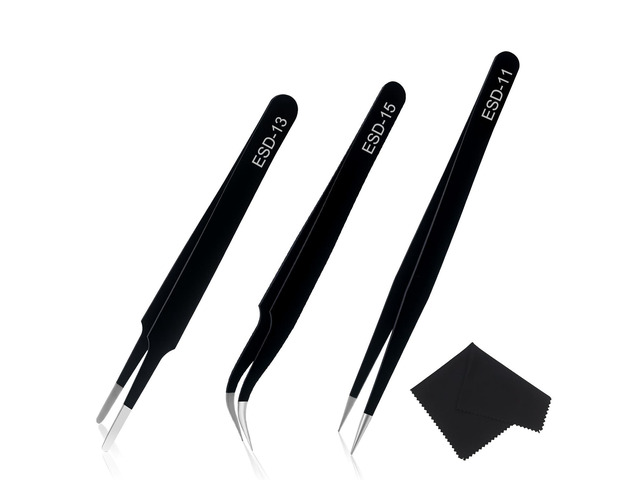 Precision Tweezers Set, 3 Pcs Upgraded Stainless Steel Anti-Static ESD Tweezers with Cleaning Cloth, for Craft, Electronic, Soldering, Model,...