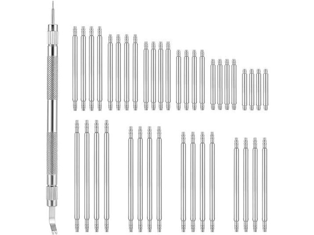 Watch Band Repair Tool Kit, 1 Pcs, Silver 5.31 Inch Stainless Steel Watch Pin Tool, 40pcs Spring Bars (8mm-26mm), Watch Strap Replacement Kit