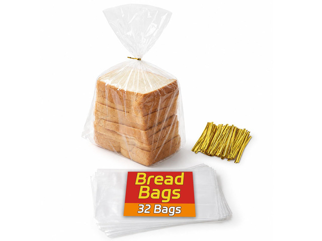 32 Clear Bread Bags With 50 Ties, Zero BPA, Easy Open, for Homemade Bread Sourdough, Plastic Storage Bags, for a Loaf, Sandwich, Cookies, Pans,...