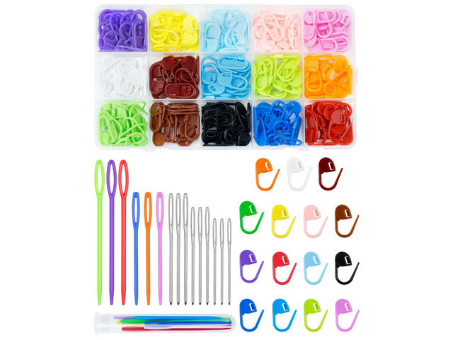 220/900 Pieces Stitch Markers,with 15 Pcs Large Eye Blunt Sewing Needles,Colorful Crochet Stitchs Markers for Knitting Stitch Locking Clips Crochet...