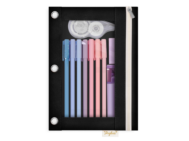 Pencil Pouch for 3 Ring Binder, 9.8' x 7.3' Clear Window Pencil Bag Zipper Pencil Pouches for Girls Boys, Black Pencil Pouch with 3 Reinforced...