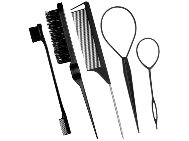 5Pcs Slick Back Brush Set with Topsy Tail Tool, Teasing Bristle, Rat Comb for Women & Girls Hair Styling, Flyaways Control and Edge Combing - BIACK