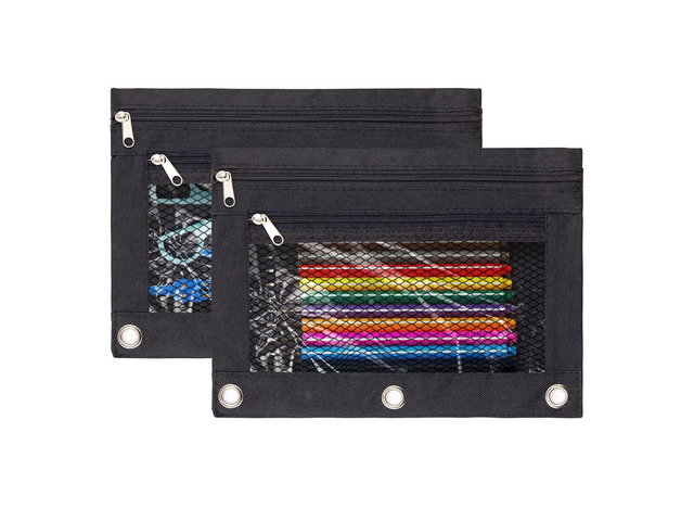 3 Ring Binder Pencil Pouchs, Zippered Pencil Pouch Double Pocket Pencil Pouch 3 Ring with Clear Mesh Window (Black 2pack)