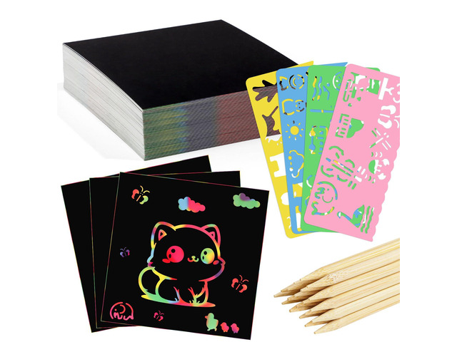 Scratch Art Paper Set, 90 Pcs, Rainbow, 3.35 x 3.35 in 66 Scratch Sheets, 20 Wooden Sticks, 4 Reusable Stencils, Thick Paper, Easy for Kids,...