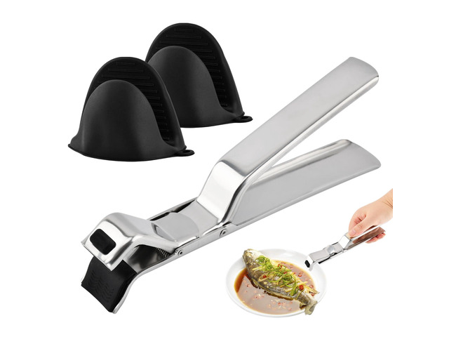 Stainless Steel Hot Plate Gripper with Silicone Oven Mitts Anti-Scald Tongs Multi-Angle Adjustable Clamp, 500°F Heat Resistant Non-Slip Kitchen...