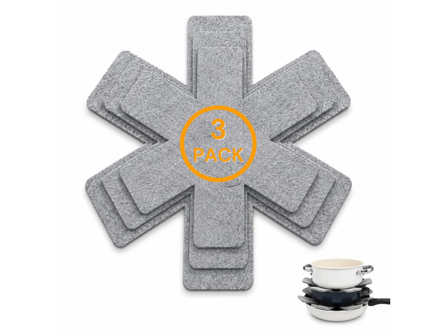 SAVUK Pot and Pan Protectors, Set of 3 Grey Felt Pot and Pan Separators Pad Pot Dividers Anti-Slip Pad for Stacking and Protecting Cookware Avoid...