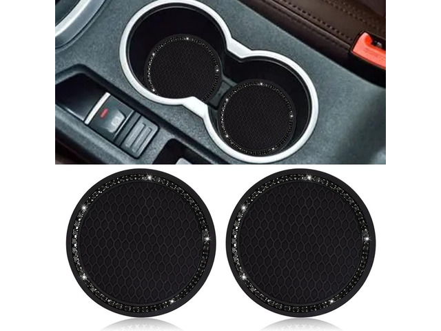 2 Pack Car Cup Holder Coaster, 2.75 Inch Bling Cup Holder Insert Mat Universal Black Silicone Car Coasters with Diamond, Crystal Rhinestone Car...