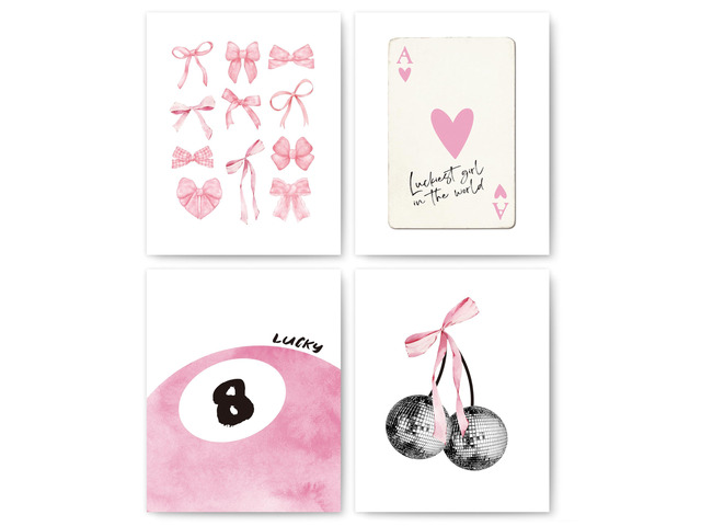 okaxscm Pink Coquette Trendy Preppy Wall Art Prints Set of 4, Coquette Room Decor, Preppy Room Decor Aesthetic, Pink Bow Disco 8 Ball Cherry Wall...