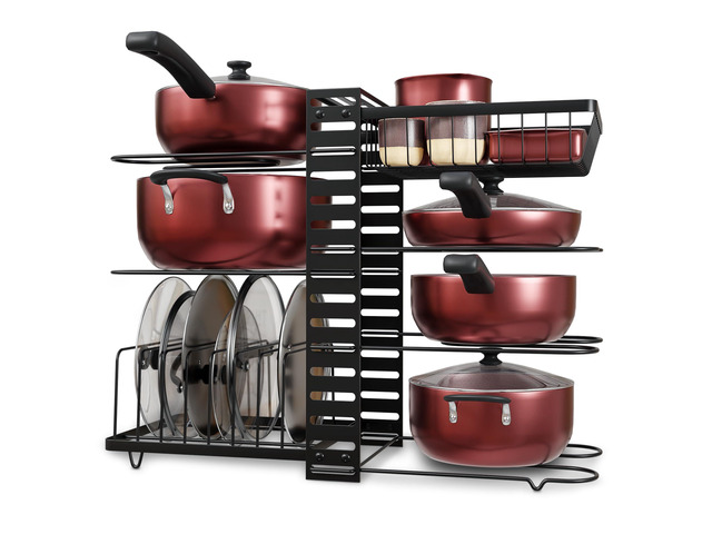 7-Tier Pots and Pans Organizer Under Cabinet - Cooking Pot Lid Organizer for Cabinet with Basket for Utensils, Lid Rack - Adjustable Vertical...