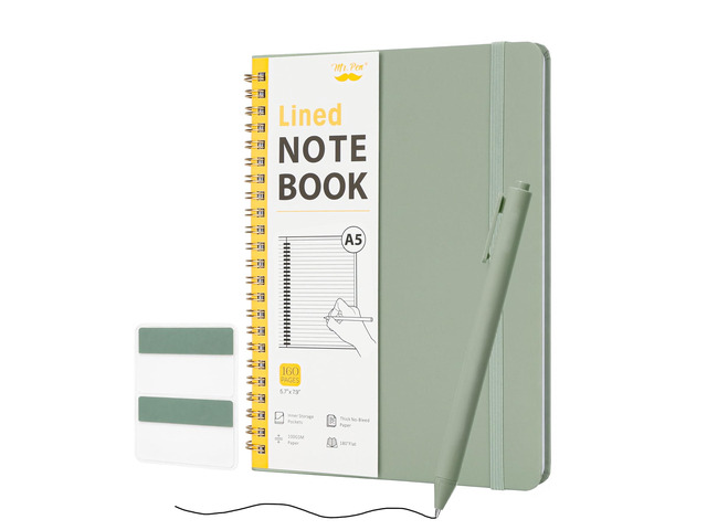 Lined Spiral Journal Notebook, A5 (5.7'x7.9'), 160 Pages, Green Hardcover Spiral Bound College Ruled Notebooks with Pen and Index Sticky Tabs for...