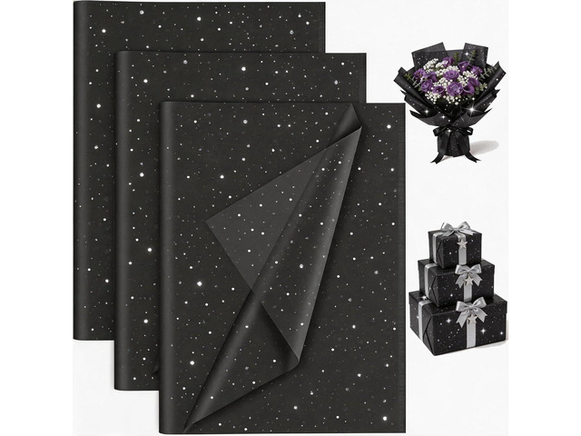 Black Glitter Tissue Paper for Gift Bags 20x20 Inch - 30 Sheets Recyclable Wrapping Tissue Paper Bulk for DIY Crafts Birthday Baby Shower Festival...