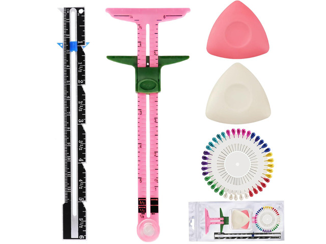 5 Piece Sewing Gauge Set, 5-in-1 Sliding Ruler & Seam Gauge, Pink Acrylic measuring tools Includes 2 fabric chalks & 40 pins For seam...