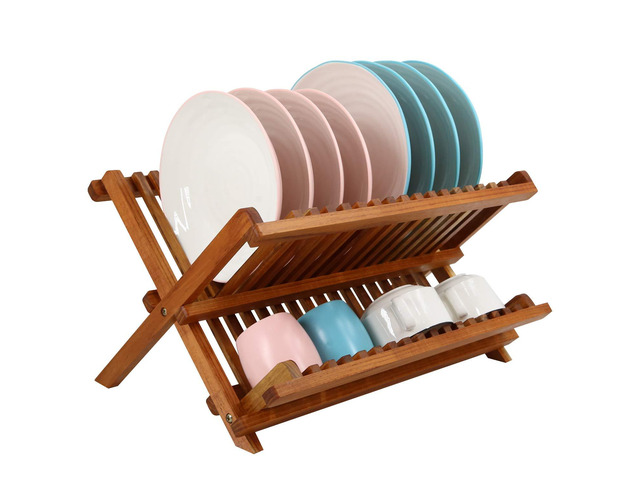 Teak Wood Dish Drying Rack, Foldable Plate Organizer Countertop Dishes Drainer Racks Collapsible, Small Holder for Cups, Bowls, Pans, Pots,...
