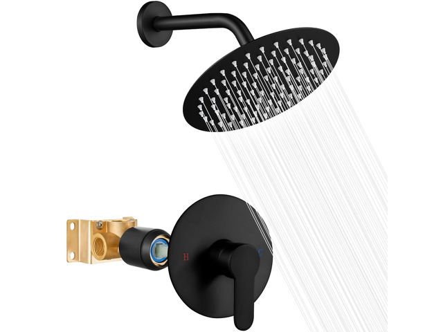 8-Inch Round Rain Shower Faucet Set with Valve, Matte Black SUS304 stainless steel shower head, brass rough-in valve, single-handle control, 1.8...