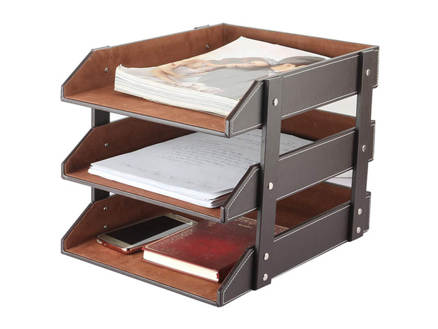 Very Sturdy 3 Tier Leather Desk File Rack for Office Supplies/Stationery/Folder,Stackable Letter Tray Organizer,Document Filing Organizer Holder...