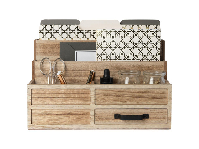 Natural Wood Mail Organizer with Drawer & Pen Holder Rustic Desk Organizer for Bills, Letters & Countertop Storage Wooden Desktop Mail Sorter...