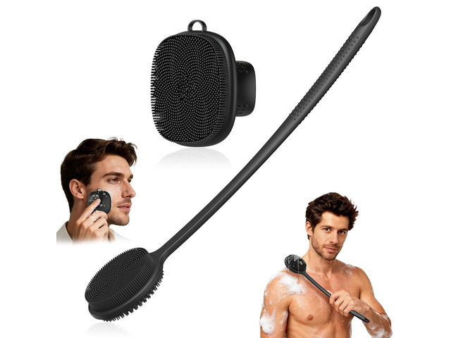 Silicone Back Scrubber for Shower & Silicone Face Scrubber, 2Pcs Silicone Exfoliating Brush Set with 17In Long Handle, Soft Body & Facial Cleansing...